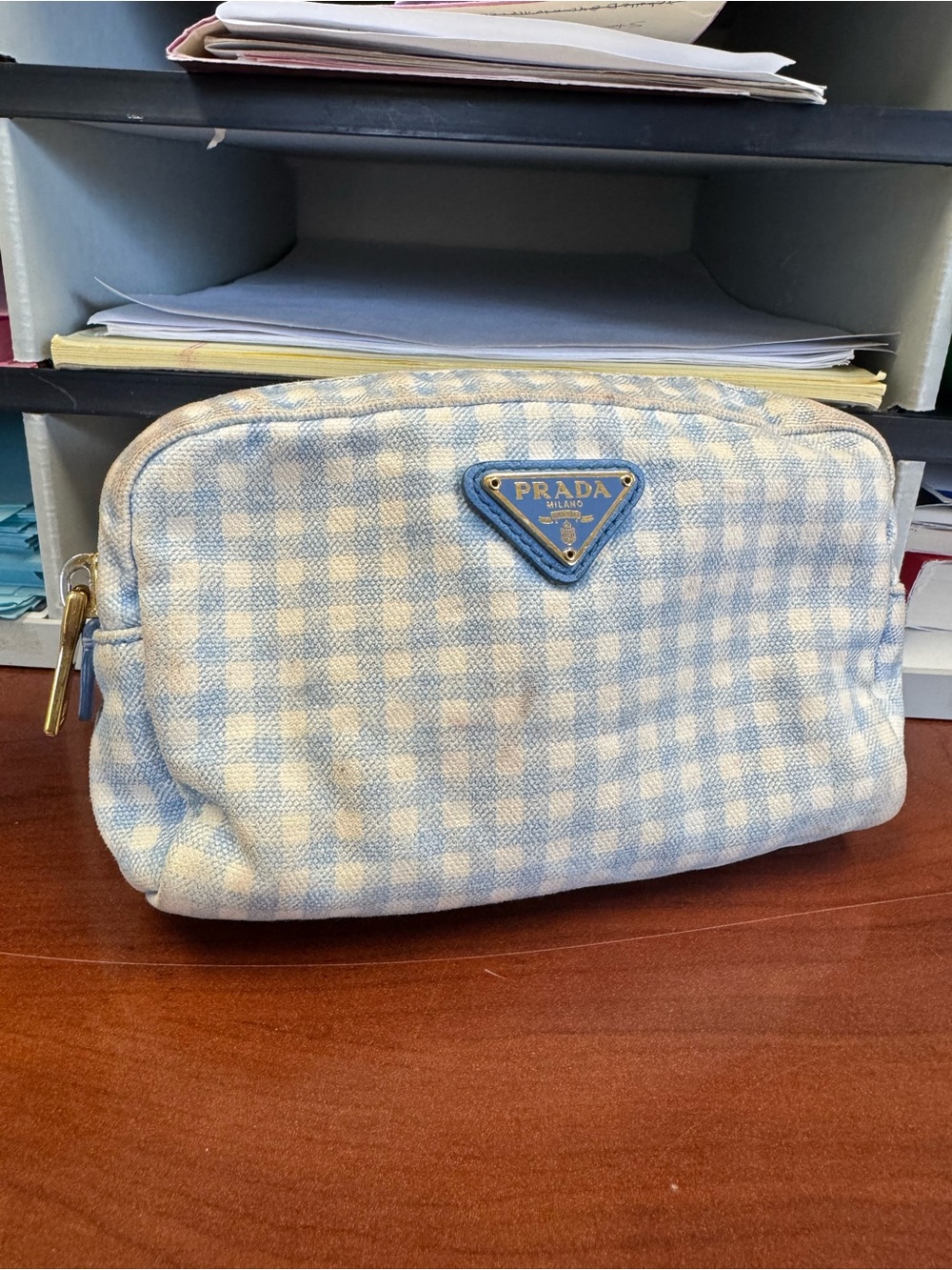 Prada Blue Gingham Cosmetic Pouch